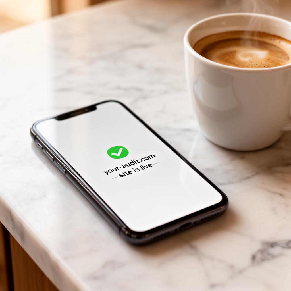 A phone on a marble counter shows a checkmark and the message that the agent's site is live. The deliverable lands in the real world, not on a hard drive.